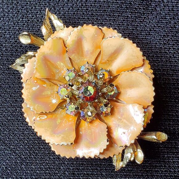 VTG Signed CORO Trembler Brooch AB Rhinestones Gold Tone Enamel Peach Poppy 3" - Picture 1 of 16
